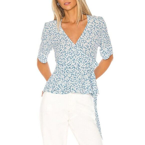 Faithfull The Brand, Women’s Wrap Top, “Zalia” Floral in 'Riviera Blue' - Small - Picture 3 of 17